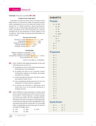 36 Coleção Estudo
Instrução: Texto para as questões 05 e 06.
A vida na rua como ela é
O Ministério do Desenvolvimento Social e Combate à Fome
(MDS) realizou, em parceria com a ONU, uma pesquisa nacional
sobre a população que vive na rua, tendo sido ouvidas 31 922
pessoas em 71 cidades brasileiras. Nesse levantamento,
constatou-se que a maioria dessa população sabe ler e escrever
(74%), que apenas 15,1% vivem de esmolas e que, entre os
moradores de rua que ingressaram no Ensino Superior, 0,7%
se diplomou. Outros dados da pesquisa são apresentados nos
quadros a seguir:
Alcoolismo / drogas
Por que vive na rua?
Escolaridade
36%
Desemprego 30%
Problemas familiares 30%
Perda de moradia 20%
Decepção amorosa 16%
Superior completo ou incompleto 1,4%
Médio completo ou incompleto 7,0%
Fundamental completo ou incompleto 58,7%
Nunca estudaram 15,1%
IstoÉ, 07 maio 2008, p. 21 (Adaptação).
05. (Enem–2008) As informações apresentadas no texto são
suficientes para se concluir que
A) as pessoas que vivem na rua e sobrevivem de esmolas
são aquelas que nunca estudaram.
B) as pessoas que vivem na rua e cursaram o Ensino
Fundamental, completo ou incompleto, são aquelas
que sabem ler e escrever.
C) existem pessoas que declararam mais de um motivo
para estarem vivendo na rua.
D) mais da metade das pessoas que vivem na rua e que
ingressaram no Ensino Superior se diplomou.
E) as pessoas que declararam o desemprego como
motivo para viver na rua também declararam a
decepção amorosa.
06. (Enem–2008) No universo pesquisado, considere que P
seja o conjunto das pessoas que vivem na rua por motivos
de alcoolismo / drogas e Q seja o conjunto daquelas
cujo motivo para viverem na rua é a decepção amorosa.
Escolhendo-se ao acaso uma pessoa no grupo pesquisado
e supondo-se que seja igual a 40% a probabilidade de que
essa pessoa faça parte do conjunto P ou do conjunto Q,
então a probabilidade de que ela faça parte do conjunto
interseção de P e Q é igual a
A) 12%.			C) 20%.			E) 52%.
B) 16%.			D) 36%.
Gabarito
Fixação
01. A) 500
B) 257
C) 84
D) 4%
E) 19,6%
02. A) 29
B) 5
C) 127
03. B
04. C
05. D
Propostos
01. A			
02. C			
03. A			
04. C			
05. B			
06. E			
07. E			
08. C			
09. B			
10. E			
11. C
12. C
13. C
14. D
15. D
16. B
17. C
18. C
19. D
Seção Enem
01. C		 04. D
02. C		 05. C
03. A		 06. A
Frente C Módulo 01
 