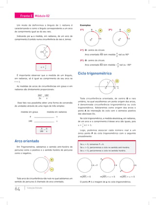 64 Coleção Estudo
Um modo de definirmos o ângulo de 1 radiano é
caracterizando-o como o ângulo correspondente a um arco
de comprimento igual ao do seu raio.
Indicando por a a medida, em radianos, de um arco de
comprimento  contido numa circunferência de raio r, temos:

r
r
O α
a =

r
É importante observar que a medida de um ângulo,
em radianos, só é igual ao comprimento de seu arco se
r = 1.
As medidas de arcos de circunferências em graus e em
radianos são diretamente proporcionais:
360
2
180
°
=
°
π π
Esse fato nos possibilita obter uma forma de conversão
de unidades através de uma regra de três simples:
medida em graus medida em radianos
a ________________ a
180 ________________ p
a
180
=
α
π
Arco orientado
Em Trigonometria, adotamos o sentido anti-horário de
percurso como o positivo e o sentido horário de percurso
como o negativo.
Todo arco de circunferência não nulo no qual adotamos um
sentido de percurso é chamado de arco orientado.
Exemplos
1º)
O
B
A
2º)
O
B
A
1º) o: centro do círculo
Arco orientado A¹B tem medida
π
2
rad ou 90°
2º) o: centro do círculo
Arco orientado B¹A tem medida –
π
2
rad ou –90°
Ciclo trigonométrico
O
1
A x
Toda circunferência orientada, de centro o e raio
unitário, na qual escolhemos um ponto origem dos arcos,
é denominada circunferência trigonométrica ou ciclo
trigonométrico. Adotaremos como origem dos arcos o
ponto A de interseção do ciclo com o semieixo positivo
das abscissas Ox.
No ciclo trigonométrico, a medida absoluta a, em radianos,
de um arco e o comprimento  desse arco são iguais, pois
a =

r
e r = 1.
Logo, podemos associar cada número real a um
único ponto P do ciclo trigonométrico com o seguinte
procedimento:
Se a = 0, tomamos P ≡ A.
Se a  0, percorremos o ciclo no sentido anti-horário.
Se a  0, percorremos o ciclo no sentido horário.
A ≡ P A
P
P
A
m(A¹P) = 0 m(A¹P) = a  0 m(A¹P) = a  0
O ponto P é a imagem de a no ciclo trigonométrico.
Frente E Módulo 02
 