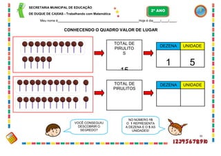 SECRETARIA MUNICIPAL DE EDUCAÇÃO
DE DUQUE DE CAXIAS - Trabalhando com Matemática
Meu nome é Hoje é dia / / .
CONHECENDO O QUADRO VALOR DE LUGAR
35
DEZENA UNIDADE
1 5
DEZENA UNIDADE
TOTAL DE
PIRULITO
S
15
TOTAL DE
PIRULITOS
VOCÊ CONSEGUIU
DESCOBRIR O
SEGREDO?
NO NÚMERO 15
O 1 REPRESENTA
A DEZENA E O 5 AS
UNIDADES!
2º ANO
 