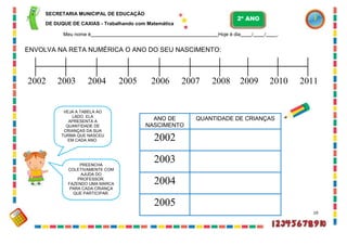 VEJA A TABELA AO
LADO. ELA
APRESENTA A
QUANTIDADE DE
CRIANÇAS DA SUA
TURMA QUE NASCEU
EM CADA ANO.
SECRETARIA MUNICIPAL DE EDUCAÇÃO
DE DUQUE DE CAXIAS - Trabalhando com Matemática
Meu nome é Hoje é dia / / .
ENVOLVA NA RETA NUMÉRICA O ANO DO SEU NASCIMENTO:
2002 2003 2004 2005 2006 2007 2008 2009 2010 2011
19
PREENCHA
COLETIVAMENTE COM
AJUDA DO
PROFESSOR,
FAZENDO UMA MARCA
PARA CADA CRIANÇA
QUE PARTICIPAR.
2º ANO
ANO DE
NASCIMENTO
QUANTIDADE DE CRIANÇAS
2002
2003
2004
2005
 