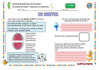52
Os dentes de leite começam a “nascer”
aproximadamente a partir dos 6 meses de idade.
Aos três anos, a criança já tem todos os dentes
de leite, como ilustrado abaixo:
www.primeodontocenter.com.br/duvidas.php?pagi...
SECRETARIA MUNICIPAL DE EDUCAÇÃO
DE DUQUE DE CAXIAS - Trabalhando com Matemática
Meu nome é Hoje é dia / / .
Você sabe o que são dentes de leite? Converse
com a sua turma sobre o assunto.
Por que você acha que os dentes são
chamados DENTES DE LEITE?
Quantos são os dentes de leite?
Pergunte a alguém da sua família a idade
aproximada que você tinha quando
nasceu seu primeiro dentinho e registre
aqui:
Os dentes de leite são importantes para a
mastigação, ajudam na pronuncia de
algumas palavras e na posição correta da
língua, contribuem para um sorriso bonito e
guardam lugar para os dentes permanentes.
2º ANO
 