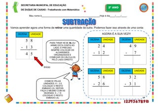 DEZENA UNIDADE
5 8
- 1 3
4 5
SECRETARIA MUNICIPAL DE EDUCAÇÃO
DE DUQUE DE CAXIAS - Trabalhando com Matemática
Meu nome é Hoje é dia / / .
Vamos aprender agora uma forma de retirar uma quantidade da outra. Podemos fazer isso através de uma conta:
AGORA É A SUA VEZ!!!
PARA TIRAR 13 DE 58, EU
ARMEI ESTA CONTA AO
LADO. É PRECISO
SEMPRE COLOCAR OS
ALGARISMOS
ORGANIZADOS E
COMEÇAR OS CÁLCULOS
PELO LADO DIREITO.
Início
COMECE PELAS
UNIDADES: 8 – 3 E
COLOQUE O RESTO
EMBAIXO (5). DEPOIS
FAÇA O MESMO COM AS
DEZENAS: 5 – 1 E
COLOQUE O RESTO
EMBAIXO (4). 68
2º ANO
DEZENA UNIDADE
2
- 1
4
2
DEZENA UNIDADE
4
-
9
7
DEZENA UNIDADE
5
- 2
8
6
DEZENA UNIDADE
3
- 3
2
1
 