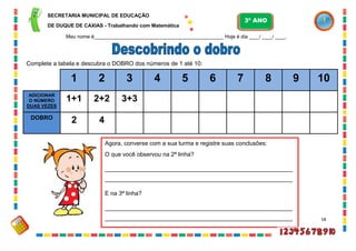 58
Complete a tabela e descubra o DOBRO dos números de 1 até 10:
Agora, converse com a sua turma e registre suas conclusões:
O que você observou na 2ª linha?
_________________________________________________________
_________________________________________________________
E na 3ª linha?
_________________________________________________________
_________________________________________________________
3 4 5 6 7 8 9 101 2
1+1
ADICIONAR
O NÚMERO
DUAS VEZES
2DOBRO
2+2 3+3
4
SECRETARIA MUNICIPAL DE EDUCAÇÃO
DE DUQUE DE CAXIAS - Trabalhando com Matemática
3º ANO
Meu nome é__________________________________________________ Hoje é dia ____/ ____/ ____.
 