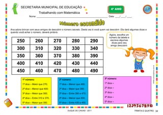 SECRETARIA MUNICIPAL DE EDUCAÇÃO

4º ANO

Trabalhando com Matemática
Nome: ___________________________________________________________ Data: ____/ ____/ ____.

Ana adora brincar com seus amigos de descobrir o número secreto. Desta vez é você quem vai descobrir. Ela dará algumas dicas e
quando você achar o número, deverá pintá-lo:
Agora, escolha um
número da tabela e
escreva algumas
dicas para seu
amigo descobrir.

260

270

280

290

300

310

320

330

340

350

360

370

380

390

400

410

420

430

440

450

460

470

480

490

1º número:

2º número:

3º número:

1ª dica – Maior que 270;

1ª dica – Menor que 490;

1ª dica –

2ª dica – Menor que 400;

2ª dica – Maior que 350;

2ª dica –

3ª dica – Maior que 300;

3ª dica – Entre 390 e 470;

3ª dica –

4ª dica – Entre 310 e 370;

4ª dica – Menor que 450;

4ª dica –

5ª dica – Maior que 350.

5ª dica – Entre 430 e 450.

WWW.canstockphoto.com.br

250

5ª dica –

DUQUE DE CAXIAS - 2011

TRINTA E QUATRO 34

 