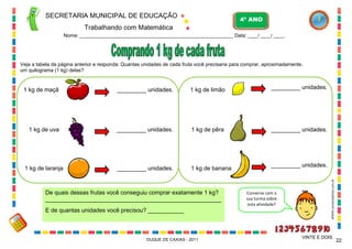 SECRETARIA MUNICIPAL DE EDUCAÇÃO
Trabalhando com Matemática
4º ANO
Nome: ____________________________________________________________ Data: ____/ ____/ ____.
DUQUE DE CAXIAS - 2011 22
VINTE E DOIS
Veja a tabela da página anterior e responda: Quantas unidades de cada fruta você precisaria para comprar, aproximadamente,
um quilograma (1 kg) delas?
1 kg de maçã _________ unidades.
1 kg de uva
_________ unidades.
_________ unidades.
1 kg de laranja
1 kg de limão
1 kg de pêra
1 kg de banana
_________ unidades.
_________ unidades.
_________ unidades.
De quais dessas frutas você conseguiu comprar exatamente 1 kg?
______________________________________________________
E de quantas unidades você precisou? ___________
WWW.canstockphoto.com.br
Converse com a
sua turma sobre
esta atividade?
 
