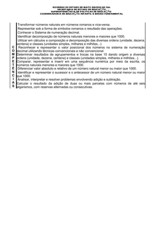 GOVERNO DO ESTADO DE MATO GROSSO DO SUL
                               SECRETARIA DE ESTADO DE EDUCAÇÃO
                           SUPERINTENDÊNCIA DE POLITICAS DE EDUCAÇÃO
                    COORDENADORIA DE EDUCAÇÃO INFANTIL E ENSINO FUNDAMENTAL


     Transformar números naturais em números romanos e vice-versa.
     Representar sob a forma de símbolos romanos o resultado das operações.
     Conhecer o Sistema de numeração decimal.
     Identificar decomposição de números naturais menores e maiores que 1000.
     Utilizar em cálculos a composição e decomposição das diversas ordens (unidade, dezena,
    centena) e classes (unidades simples, milhares e milhões...).
C     Reconhecer e representar o valor posicional dos números no sistema de numeração
O   decimal utilizando técnicas convencionais e não convencional.
M   Determinar resultados de agrupamentos e trocas na base 10 dando origem a diversas
P   ordens (unidade, dezena, centena) e classes (unidades simples, milhares e milhões...).
E   Comparar, representar e inserir em uma sequência numérica por meio da escrita, os
T   números naturais menores e maiores que 1000.
Ê    Diferenciar valor absoluto e relativo de um número natural menor ou maior que 1000.
N    Identificar e representar o sucessor e o antecessor de um número natural menor ou maior
C   que 1000.
I    Analisar, interpretar e resolver problemas envolvendo adição e subtração.
A   Calcular o resultado da adição de duas ou mais parcelas com números de até seis
S   algarismos, com reservas alternadas ou consecutivas.
E

H
A
B
I
L
I
D
A
D
E
S
 