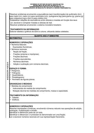 S

                            GOVERNO DO ESTADO DE MATO GROSSO DO SUL
                               SECRETARIA DE ESTADO DE EDUCAÇÃO
                           SUPERINTENDÊNCIA DE POLITICAS DE EDUCAÇÃO
                    COORDENADORIA DE EDUCAÇÃO INFANTIL E ENSINO FUNDAMENTAL


     Resolver problemas envolvendo a equivalência (sem transformação) de quilômetro (km)
    para metro (m), metro (m) para centímetro (cm), quilograma (kg) para grama (g), grama (g)
    para miligrama (mg) e litro (l) para mililitro (ml).
     Estabelecer relações de equivalência entre cédulas e moedas em função dos seus
    valores.
     Ler, escrever e comparar moedas e cédulas de real.
     Resolver problemas envolvendo o sistema monetário brasileiro.

    TRATAMENTO DA INFORMAÇÃO
    Elaborar tabelas e gráficos de barra e coluna, utilizando dados coletados.

                                  QUARTO ANO 4º BIMESTRE
    MATEMÁTICA

  NÚMEROS E OPERAÇÕES
  ü  Números Naturais
  −        Expressões Numéricas.
  ü  Números racionais
  −         Noção de fração.
  −         Frações (próprias e impróprias).
  −         Frações decimais.
  −         Frações equivalentes.
  −         Números decimais.
C
O −         Adição e subtração com números decimais.
N
T ESPAÇO E FORMA
E ü  Polígonos.
Ú ü  Triângulos.
D ü   Quadriláteros.
O ü   Paralelogramo.
S ü   Perímetro de figuras planas.

    GRANDEZAS E MEDIDAS
    ü  Medidas de comprimento
    −        Instrumentos de medida de comprimento.
    −        Notação decimal de medidas de comprimento, massa e capacidade.

    TRATAMENTO DA INFORMAÇÃO
    ü   Tabelas.
    ü   Gráficos.


    NÚMEROS E OPERAÇÕES
    Resolver expressões numéricas, envolvendo números naturais nas operações de adição,
    subtração, multiplicação e divisão.
    Identificar e diferenciar parte de um todo.
    Identificar e diferenciar o numerador do denominador em uma fração.
    Ler e escrever números racionais em sua representação fracionária.




C
O
M
 