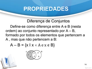PROPRIEDADES
Diferença de Conjuntos
Define-se como diferença entre A e B (nesta
ordem) ao conjunto representado por A – B,
formado por todos os elementos que pertencem a
A , mas que não pertencem a B:
A – B = {x I x ∊ A e x B}∉
14
 