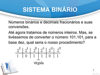 SISTEMA BINÁRIO
Números binários e decimais fracionários e suas
conversões.
Até agora tratamos de números inteiros. Mas, se
tivéssemos de converter o número 101,1012 para a
base dez, qual seria o nosso procedimento?
7
 