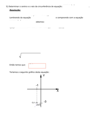 5) Determinar o centro e o raio da circunferência de equação:
222690xyxy++++=
.
Resolução:
Lembrando da equação
22 y0++++=xmxnyp
e comparando com a equação
222690xyxy++++=
obtemos:
()()22222222222262269911331139ÏÏ=-=-=ÏÔÔÔ=ﬁ-=ﬁ-=ÌÌÌÔÔÔ=+-=
Então temos que:
()1,3 e r = 1C--
Teríamos o seguinte gráfico desta equação:
Y
X
-1
-3C(-1,-3)
r=1
 