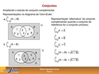 Conjuntos
Ampliando o estudo do conjunto complementar
Representações no diagrama de Venn-Euler:

e.    (A ∪ B)                                              Representação “alternativa” do conjunto
     U                                                     complementar quando o conjunto de
                                               U           referência for o conjunto universo:
      A                           B
            1       2     0
                                                                     A =A
                                                                 U
           5 3       4    6 8         7
                                  9                                   B =B
                                                                 U

f.    (A – B)                                                         C =C
     U                                                           U
                                                U
       A                              B                               (A ∪ B) = (A ∪ B)
                1             0                                   U
                     2
            5 3       4    6 8            7                           (A ∩ B) = (A ∩ B)
                                                                  U
                                      9

                                              Milton Sgambatti Júnior
                                                      álgebra
 