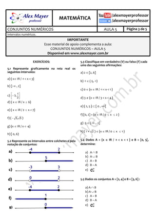.
MATEMÁTICA
.
CONJUNTOS NUMÉRICOS AULA 5 Página 3 de 5
Intervalos numéricos.
IMPORTANTE
Esse material de apoio complementa a aula:
CONJUNTOS NUMÉRICOS – AULA 5
Disponível em www.alexmayer.com.br
EXERCÍCIOS:
5.1 Represente graficamente na reta real os
seguintes intervalos:
a) { x IR / -1 < x < 3}
b) ] - , 2]
c) 






2
1
3,
d) { x  IR / x  6}
e) { x  IR / 2  x < 7}
f) ( 55, )
g) {x  IR / x < -4}
h) [ 0, 6)
5.2 Represente os intervalos entre colchetes e pela
notação de conjuntos:
5.3 Classifique em verdadeiro (V) ou falso (F) cada
uma das seguintes afirmações:
a) 2  [2, 6]
b) -1  (-5, -1)
c) 0  {x  IR / -1 < x < 1 }
d) 3  {x  IR / 3 < x < 4 }
e) { 2, 5 }  [ 0 , +[
f) [0, 2] = {x  IR / 0  x  2 }
g) -3  ( - , -1]
h) ( 1 + 2 )  {x  IR / 0  x  1 }
5.4 Dados A = {x  IR / -1 < x < 1 } e B = [0, 5[,
determine:
a) A  B
b) A  B
c) A – B
d) B – A
e) C
A
B
5.5 Dados os conjuntos A = [2, 4] e B = [3, 6] :
a) A  B
b) A  B
c) A – B
d) B – A
e) C
A
B
 