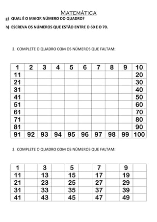 Matemática
g) QUAL É O MAIOR NÚMERO DO QUADRO?
h) ESCREVA OS NÚMEROS QUE ESTÃO ENTRE O 60 E O 70.
2. COMPLETE O QUADRO COM OS NÚMEROS QUE FALTAM:
1 2 3 4 5 6 7 8 9 10
11 20
21 30
31 40
41 50
51 60
61 70
71 80
81 90
91 92 93 94 95 96 97 98 99 100
3. COMPLETE O QUADRO COM OS NÚMEROS QUE FALTAM:
1 3 5 7 9
11 13 15 17 19
21 23 25 27 29
31 33 35 37 39
41 43 45 47 49
 