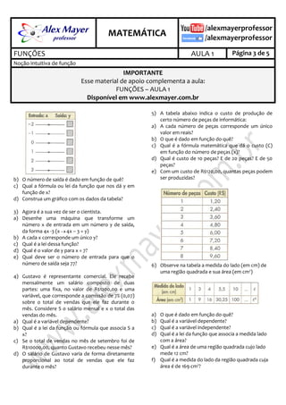 .

.

MATEMÁTICA
FUNÇÕES

AULA 1

Página 3 de 5

Noção intuitiva de função

IMPORTANTE
Esse material de apoio complementa a aula:
FUNÇÕES – AULA 1
Disponível em www.alexmayer.com.br

b) O número de saída é dado em função de quê?
c) Qual a fórmula ou lei da função que nos dá y em
função de x?
d) Construa um gráfico com os dados da tabela?
3) Agora é a sua vez de ser o cientista.
a) Desenhe uma máquina que transforme um
número x de entrada em um número y de saída,
da forma 4x -3 (x  4x – 3 = y)
b) A cada x corresponde um único y?
c) Qual é a lei dessa função?
d) Qual é o valor de y para x = 7?
e) Qual deve ser o número de entrada para que o
número de saída seja 77?
4) Gustavo é representante comercial. Ele recebe
mensalmente um salário composto de duas
partes: uma fixa, no valor de R$1200,00 e uma
variável, que corresponde a comissão de 7% (0,07)
sobre o total de vendas que ele faz durante o
mês. Considere S o salário mensal e x o total das
vendas do mês.
a) Qual é a variável dependente?
b) Qual é a lei da função ou fórmula que associa S a
x?
c) Se o total de vendas no mês de setembro foi de
R$10000,00, quanto Gustavo recebeu nesse mês?
d) O salário de Gustavo varia de forma diretamente
proporcional ao total de vendas que ele faz
durante o mês?

5) A tabela abaixo indica o custo de produção de
certo número de peças de informática:
a) A cada número de peças corresponde um único
valor em reais?
b) O que é dado em função do quê?
c) Qual é a fórmula matemática que dá o custo (C)
em função do número de peças (x)?
d) Qual é custo de 10 peças? E de 20 peças? E de 50
peças?
e) Com um custo de R$120,00, quantas peças podem
ser produzidas?

6) Observe na tabela a medida do lado (em cm) de
uma região quadrada e sua área (em cm2)

a)
b)
c)
d)

O que é dado em função do quê?
Qual é a variável dependente?
Qual é a variável independente?
Qual é a lei da função que associa a medida lado
com a área?
e) Qual é a área de uma região quadrada cujo lado
mede 12 cm?
f) Qual é a medida do lado da região quadrada cuja
área é de 169 cm2?

 