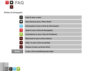 FAQ

Botões de Navegação:

                       Capa (Ir para a capa)

                       Plano Geral (Ir para o Plano Geral)

                       Informações (Ir para a ficha de Informações)

                       Ajuda (Ir para a ficha de Navegação)

                       Comentários (Ir para a ficha de Feedback)

                       Retroceder (Ir para a ficha anterior)

                       Voltar (Ir para a ficha de partida)

                       Avançar (Ir para a próxima ficha)

           Botão       Ir para a ficha identificada pelo botão
 
