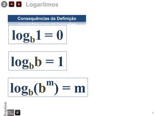 2       Logaritmos

     Consequências da Definição



    logb1 = 0
    logbb = 1
                 m
    logb(b ) = m
                                  4
 