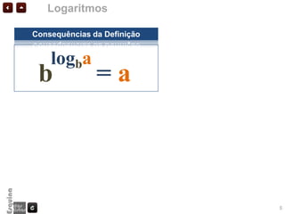 Logaritmos

Consequências da Definição


    logba
 b             =a



                             5
 