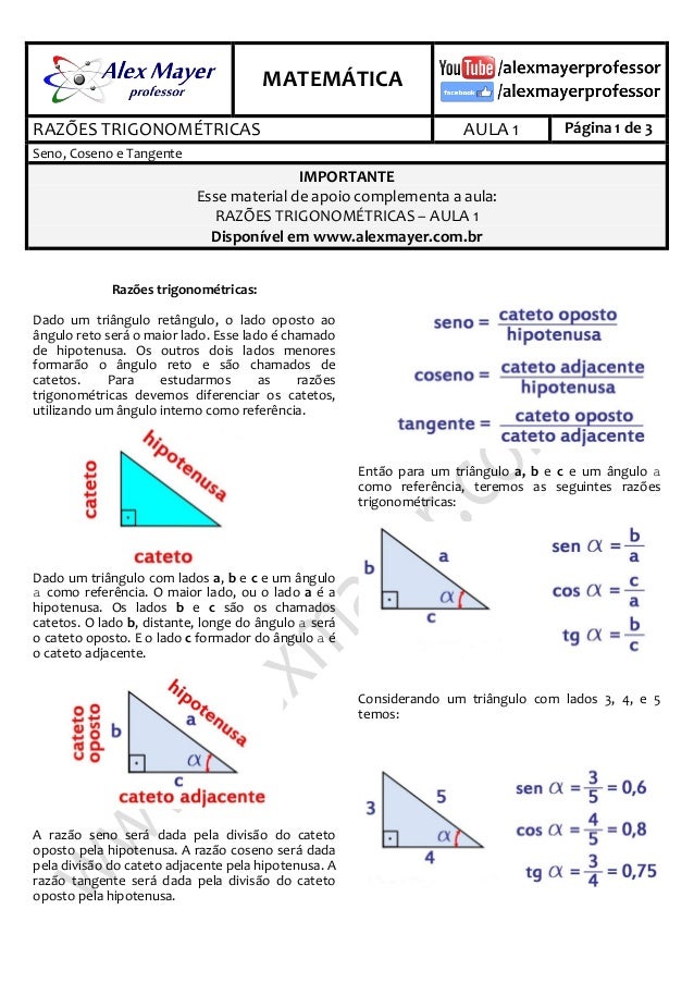 MATEMÁTICA - RAZÕES TRIGONOMÉTRICAS - AULA 1