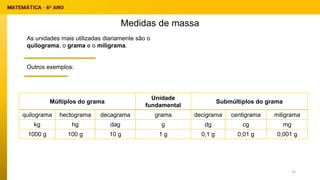 Medidas de massa
Múltiplos do grama
Unidade
fundamental
Submúltiplos do grama
quilograma hectograma decagrama grama decigrama centigrama miligrama
kg hg dag g dg cg mg
1000 g 100 g 10 g 1 g 0,1 g 0,01 g 0,001 g
As unidades mais utilizadas diariamente são o
quilograma, o grama e o miligrama.
Outros exemplos:
35
 