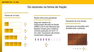 Os racionais na forma de fração
Partes de um todo
Razão entre duas grandezas
Quociente de uma divisão
Segundo relatório da
Organização Mundial da Saúde
(OMS) e do Fundo Nacional das
Nações Unidas para a Infância
(Unicef) publicado em 2017, 6
em cada 10 pessoas não tinham
saneamento adequado.
Uma barra de chocolate será
dividida entre 4 pessoas
1
4
2
4
3
4
4
4
6
10
1
4
1 4
÷ = 42
 