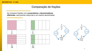 Comparação de frações
Ao comparar frações com numeradores e denominadores
diferentes, será preciso reduzi-las a um mesmo denominador.
46
 