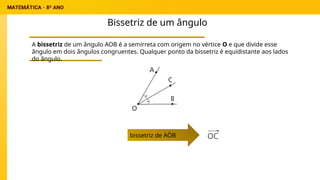 Bissetriz de um ângulo
A bissetriz de um ângulo AOB é a semirreta com origem no vértice O e que divide esse
ângulo em dois ângulos congruentes. Qualquer ponto da bissetriz é equidistante aos lados
do ângulo.
bissetriz de AÔB
 