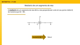 Mediatriz de um segmento de reta
A mediatriz de um segmento de reta AB é a reta perpendicular a ele em seu ponto médio C,
de maneira que AC = BC.
Mediatriz de Reta r
 