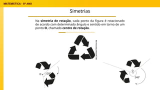 Simetrias
Na simetria de rotação, cada ponto da figura é rotacionado
de acordo com determinado ângulo e sentido em torno de um
ponto O, chamado centro de rotação.
 