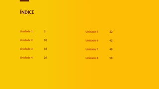 ÍNDICE
Unidade 1 3
Unidade 2 10
Unidade 3 18
Unidade 4 26
Unidade 5 32
Unidade 6 42
Unidade 7 48
Unidade 8 58
 