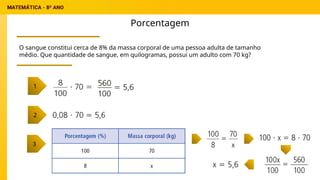 Porcentagem
O sangue constitui cerca de 8% da massa corporal de uma pessoa adulta de tamanho
médio. Que quantidade de sangue, em quilogramas, possui um adulto com 70 kg?
1
2
3
 