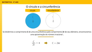 círculo
O círculo e a circunferência
Se dividirmos o comprimento C de uma circunferência pelo comprimento 2r de seu diâmetro, encontraremos
uma aproximação do número irracional .
circunferência
 