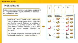 Probabilidade
Bárbara e Giovana foram a uma lanchonete
para cada uma delas tomar um suco e comer
um lanche natural. Pediram o cardápio e
verificaram que podiam escolher entre três
tipos de suco (laranja, melancia e uva) e dois
tipos de lanche natural (simples ou
completo).
De quantas maneiras diferentes cada uma
delas pode escolher um suco e um lanche?
Dado um experimento aleatório, o espaço amostral S
é o conjunto de todas as possibilidades de resultado
daquele experimento.
3 x 2 = 6
 