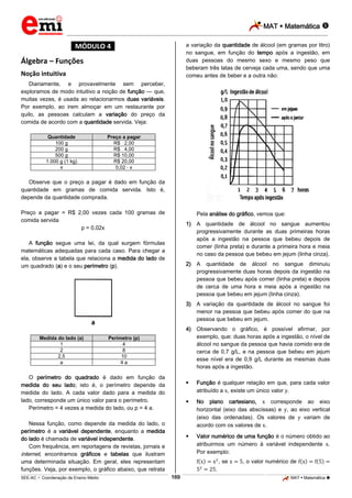 MAT  Matemática 
_________________________________________________________________________________________________________________________
___________________________________________________________________________________________________________________________________________________________________________________________________________________________________________________________________________________________________________________________________________________________________________________________________________________________ _____________________________________________________________________________________________________________
SEE-AC  Coordenação de Ensino Médio MAT  Matemática 169
*MÓDULO 4*
Álgebra – Funções
Noção intuitiva
Diariamente, e provavelmente sem perceber,
exploramos de modo intuitivo a noção de função — que,
muitas vezes, é usada ao relacionarmos duas variáveis.
Por exemplo, ao irem almoçar em um restaurante por
quilo, as pessoas calculam a variação do preço da
comida de acordo com a quantidade servida. Veja:
Quantidade Preço a pagar
100 g R$ 02,00
200 g R$ 04,00
500 g R$ 10,00
1.000 g (1 kg) R$ 20,00
x 0,02 x
Observe que o preço a pagar é dado em função da
quantidade em gramas de comida servida. Isto é,
depende da quantidade comprada.
Preço a pagar = R$ 2,00 vezes cada 100 gramas de
comida servida
p = 0,02x
A função segue uma lei, da qual surgem fórmulas
matemáticas adequadas para cada caso. Para chegar a
ela, observe a tabela que relaciona a medida do lado de
um quadrado (a) e o seu perímetro (p).
Medida do lado (a) Perímetro (p)
1 4
2 8
2,5 10
a 4 a
O perímetro do quadrado é dado em função da
medida do seu lado; isto é, o perímetro depende da
medida do lado. A cada valor dado para a medida do
lado, corresponde um único valor para o perímetro.
Perímetro = 4 vezes a medida do lado, ou p = 4 a.
Nessa função, como depende da medida do lado, o
perímetro é a variável dependente, enquanto a medida
do lado é chamada de variável independente.
Com frequência, em reportagens de revistas, jornais e
internet, encontramos gráficos e tabelas que ilustram
uma determinada situação. Em geral, eles representam
funções. Veja, por exemplo, o gráfico abaixo, que retrata
a variação da quantidade de álcool (em gramas por litro)
no sangue, em função do tempo após a ingestão, em
duas pessoas do mesmo sexo e mesmo peso que
beberam três latas de cerveja cada uma, sendo que uma
comeu antes de beber e a outra não:
Pela análise do gráfico, vemos que:
1) A quantidade de álcool no sangue aumentou
progressivamente durante as duas primeiras horas
após a ingestão na pessoa que bebeu depois de
comer (linha preta) e durante a primeira hora e meia
no caso da pessoa que bebeu em jejum (linha cinza).
2) A quantidade de álcool no sangue diminuiu
progressivamente duas horas depois da ingestão na
pessoa que bebeu após comer (linha preta) e depois
de cerca de uma hora e meia após a ingestão na
pessoa que bebeu em jejum (linha cinza).
3) A variação da quantidade de álcool no sangue foi
menor na pessoa que bebeu após comer do que na
pessoa que bebeu em jejum.
4) Observando o gráfico, é possível afirmar, por
exemplo, que: duas horas após a ingestão, o nível de
álcool no sangue da pessoa que havia comido era de
cerca de 0,7 g/L, e na pessoa que bebeu em jejum
esse nível era de 0,9 g/L durante as mesmas duas
horas após a ingestão.
 Função é qualquer relação em que, para cada valor
atribuído a , existe um único valor .
 No plano cartesiano, corresponde ao eixo
horizontal (eixo das abscissas) e , ao eixo vertical
(eixo das ordenadas). Os valores de variam de
acordo com os valores de .
 Valor numérico de uma função é o número obtido ao
atribuirmos um número à variável independente .
Por exemplo:
, se , o valor numérico de
.
 