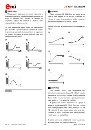 MAT  Matemática 
_________________________________________________________________________________________________________________________
___________________________________________________________________________________________________________________________________________________________________________________________________________________________________________________________________________________________________________________________________________________________________________________________________________________________ _____________________________________________________________________________________________________________
SEE-AC  Coordenação de Ensino Médio MAT  Matemática 171
.2. (ENEM-MEC)
Muitas vezes o objetivo de um remédio é aumentar a
quantidade de uma ou mais substâncias já existentes no
corpo do indivíduo para melhorar as defesas do
organismo. Depois de alcançar o objetivo, essa
quantidade deve voltar ao normal.
Se uma determinada pessoa ingere um medicamento
para aumentar a concentração da substância A em seu
organismo, a quantidade dessa substância no organismo
da pessoa, em relação ao tempo, pode ser mais bem
representada pelo gráfico:
(A) (D)
(B) (E)
(C)
________________________________________________
*Anotações*
.3. (ENEM-MEC)
Paulo emprestou R$ 5.000,00 a um amigo, a uma
taxa de juros simples de 3% ao mês. Considere x o
número de meses do empréstimo e M(x) o montante a
ser devolvido para Paulo no final de x meses.
Nessas condições, a representação gráfica correta para
M(x) é:
(A) (D)
(B) (E)
(C)
.4. (ENEM-MEC)
Uma empresa produz jogos pedagógicos para
computadores, com custos fixos de R$ 1.000,00 e custos
variáveis de R$ 100,00 por unidade de jogo produzida.
Desse modo, o custo total para x jogos produzidos é
dado por C(x) = 1 + 0,1x (em R$ 1.000,00).
A gerência da empresa determina que o preço de
venda do produto seja de R$ 700,00. Com isso a receita
bruta para x jogos produzidos é dada por R(x) = 0,7x (em
R$ 1.000,00). O lucro líquido, obtido pela venda de x
unidades de jogos, é calculado pela diferença entre a
receita bruta e os custos totais.
O gráfico que modela corretamente o lucro líquido dessa
empresa, quando são produzidos x jogos, é:
 