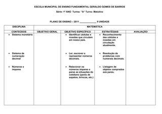 ESCOLA MUNICIPAL DE ENSINO FUNDAMENTAL GERALDO GOMES DE BARROS

                                    Série: 1º ANO Turma: ”A” Turno: Matutino



                                PLANO DE ENSINO – 2011 _____________ II UNIDADE

    DISCIPLINA                                                  MATEMÁTICA

  CONTEÚDOS            OBJETIVO GERAL      OBJETIVO ESPECÍFICO              ESTRATÉGIAS            AVALIAÇÃO
• Sistema monetário                         • Identificar cédulas e       • Reconhecimento
                                              moedas que circulam            das cédulas e
                                              em nosso país.                 moedas em
                                                                             circulação
                                                                             atualmente.


•   Sistema de                              •   Ler, escrever e           •   Resolução de
    numeração                                   representar números           problemas com
    decimal                                     decimais.                     numerais decimais.


•   Números e                               •   Relacionar os             •   Listagem de
    ímpares                                     números ímpares e             objetos comprados
                                                pares as situações do         aos pares.
                                                cotidiano (pares de
                                                sapatos, brincos, etc.)
 