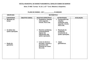 ESCOLA MUNICIPAL DE ENSINO FUNDAMENTAL GERALDO GOMES DE BARROS

                            Série: 2º ANO Turmas: “A, B, C, e D” Turno: Matutino e Vespertino



                                  PLANO DE ENSINO – 2011 _____________ III UNIDADE

    DISCIPLINA                                                     MATEMÁTICA

  CONTEÚDOS              OBJETIVO GERAL        OBJETIVO ESPECÍFICO              ESTRATÉGIAS           AVALIAÇÃO
• Mediadas de                                  • Estabelecer relações         • Comparação das
  tempo                                          entre segundo,                  relações
                                                 minuto, hora e dia.             existentes entre
                                                                                 segundo, minuto,
                                                                                 hora e dia.


•   As idéias das                               •   Resolver problemas,       •   Resolução de
    quatro operações                                compreendendo                 problemas
                                                    alguns dos                    envolvendo as
                                                    significados das              quatro operações.
                                                    quatro operações.



                                                •   Levar os alunos a         •   Jogos
•   Noção de                                        perceber o quanto a           geométricos.
    geometria                                       geometria está
                                                    presente em nosso
                                                    dia-a-dia.
 