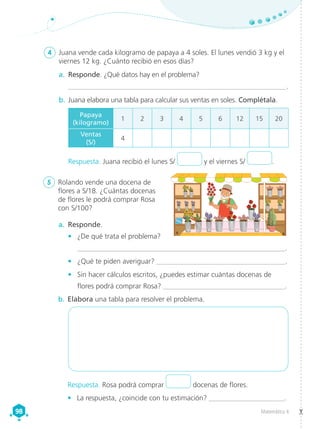 Matemática 4
98
98
4	 Juana vende cada kilogramo de papaya a 4 soles. El lunes vendió 3 kg y el
viernes 12 kg. ¿Cuánto recibió en esos días?
5	 Rolando vende una docena de
flores a S/­
18. ¿Cuántas docenas
de flores le podrá comprar Rosa
con S/100?
b.	Juana elabora una tabla para calcular sus ventas en soles. Complétala.
a.	 Responde. ¿Qué datos hay en el problema?
	_____________________________________________________________.
Respuesta. Juana recibió el lunes S/ y el viernes S/ .
Respuesta. Rosa podrá comprar docenas de flores.
•	 La respuesta, ¿coincide con tu estimación? _____________________.
b.	Elabora una tabla para resolver el problema.
a.	 Responde.
•	 ¿De qué trata el problema?
	__________________________________________________________.
•	 ¿Qué te piden averiguar? ____________________________________.
•	 Sin hacer cálculos escritos, ¿puedes estimar cuántas docenas de
flores podrá comprar Rosa? __________________________________.
Papaya
(kilogramo)
1 2 3 4 5 6 12 15 20
Ventas
(S/)
4
 