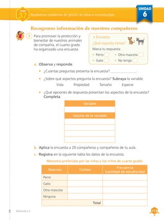 UNIDAD
6
Matemática 4 113
113
Resolvemos problemas de gestión de datos e incertidumbre
FICHA
37
1	 Para promover la protección y
bienestar de nuestros animales
de compañía, el cuarto grado
ha organizado una encuesta.
Recogemos información de nuestros compañeros
a.	 Observa y responde.
•	 ¿Cuántas preguntas presenta la encuesta? ______________.
•	 ¿Sobre qué aspectos pregunta la encuesta? Subraya la variable.
		 Vida Propiedad Tamaño Especie
•	 ¿Qué opciones de respuesta presentan los aspectos de la encuesta?
Completa.
b.	Aplica la encuesta a 20 compañeras y compañeros de tu aula.
c.	 Registra en la siguiente tabla los datos de la encuesta.
Mascotas preferidas por las niñas y los niños de cuarto grado
Encuesta
¿Qué mascota tienes?
Marca tu respuesta:
• Perro 	 • Otra mascota
• Gato 	 • No tengo
Mascota Conteo
Frecuencia
(cantidad de estudiantes)
Perro
Gato
Otra mascota
Ninguna
Total
Variable
Valores de la variable
 