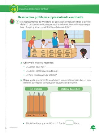Matemática 4 131
131
Resolvemos problemas de cantidad
FICHA
46
Resolvemos problemas representando cantidades
1	 Los representantes del Ministerio de Educación entregaron libros al director
de la I.E. La Libertad en Huaraz para sus estudiantes. Benjamín observa que
hay 10 cajas grandes, ¿cuántos libros habrá en total?
a.	 Observa la imagen y responde.
•	 ¿Cuántas cajas hay? _________________________________________.
•	 ¿Cuántos libros hay en cada caja? ______________________________.
•	 ¿Cómo podrías calcular el total? _______________________________.
100
libros
100
libros
100
libros
100
libros
100
libros
100
libros
100
libros
100
libros
100
libros
100
libros
b.	Representa gráficamente, en el ábaco y con material base diez, el total
de libros que recibió la institución educativa de Benjamín.
Material base diez
En el ábaco
•	 El total de libros que recibió la I. E. fue de libros.
U
D
C
Um
 