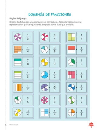Matemática 4 157
157
DOMINÓS DE FRACCIONES
Reglas del juego:
Reparte las fichas con una compañera o compañero. Asocia la fracción con su
representación gráfica equivalente. Empieza por la ficha que prefieras.
1
3
7
8
3
5
1
4
1
2
1
3
3
4
1
4
1
3
2
3
1
2
2
5
1
2
1
2
1
3
1
6
3
8
1
5
3
4
1
4
2
3
 