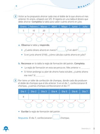 64
64 Matemática 4
2	 Víctor se ha propuesto ahorrar cada mes el doble de lo que ahorra el mes
anterior. En enero, empezó con S/5. Él registra en una tabla el dinero que
debe ahorrar. Completa la tabla para saber cuánto ahorró en julio.
3	 Flor tiene un taller de confección de chompas, donde cada día producen
el doble de chompas que el día anterior. Si en el día 1, confeccionaron 8
chompas, ¿cuántas chompas confeccionaron el día 7?
a.	 Observa la tabla y responde.
•	 ¿Cuánto dinero ahorró en marzo? ¿Y en abril?
•	 Si en junio ahorró S/160, ¿cómo calculas cuánto ahorra en julio?
	 ________________________________________________________________.
b.	Reconoce en la tabla la regla de formación del patrón. Completa.
	 •	 La regla de formación en esta secuencia es: Mes anterior × ________.
•	 Sí Víctor prolonga su plan de ahorro hasta octubre, ¿cuánto ahorra
ese mes? S/________.
•	 Escribe la regla de formación del patrón. ____________________________.
Enero Febrero Marzo Abril Mayo Junio Julio
5 10 20
Día 1 Día 2 Día 3 Día 4 Día 5 Día 6 Día 7
8
Respuesta. El día 7, confeccionaron chompas.
 