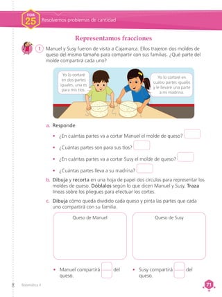 Matemática 4 71
71
Representamos fracciones
1	 Manuel y Susy fueron de visita a Cajamarca. Ellos trajeron dos moldes de
queso del mismo tamaño para compartir con sus familias. ¿Qué parte del
molde compartirá cada uno?
a.	 Responde.
•	 ¿En cuántas partes va a cortar Manuel el molde de queso?
•	 ¿Cuántas partes son para sus tíos?
•	 ¿En cuántas partes va a cortar Susy el molde de queso?
•	 ¿Cuántas partes lleva a su madrina?
b.	 Dibuja y recorta en una hoja de papel dos círculos para representar los
moldes de queso. Dóblalos según lo que dicen Manuel y Susy. Traza
líneas sobre los pliegues para efectuar los cortes.
c.	 Dibuja cómo queda dividido cada queso y pinta las partes que cada
uno compartirá con su familia.
•	 Manuel compartirá del
queso.
•	 Susy compartirá del
queso.
Yo lo cortaré
en dos partes
iguales, una es
para mis tíos.
Yo lo cortaré en
cuatro partes iguales
y le llevaré una parte
a mi madrina.
Queso de Manuel Queso de Susy
FICHA
25 Resolvemos problemas de cantidad
 