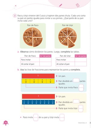 Matemática 4
72
72
2	 Paco y Urpi vinieron del Cusco y trajeron dos panes chuta. Cada uno corta
su pan en partes iguales para invitar a sus primos. ¿Qué parte de su pan
invita cada uno?
b.	Usa las tiras de fracciones para representar los panes y completa.
a.	 Observa cómo dividieron los panes. Luego, completa las tablas.
Un pan.
Pan dividido en partes
iguales.
1
1
1
2
1
2
1
4
1
4
1
4
Parte que invita Paco: .
Parte que invita Urpi: .
Un pan.
Pan dividido en partes
iguales.
1
1
8
1
8
1
8
1
8
1
8
1
8
1
8
1
8
Pan de Paco Pan de Urpi
•	 Paco invita de su pan y Urpi invita .
1
1
4
1
2
1
2
1
4
1
4
1
4
1
4
Pan de Paco Pan de Urpi
N.o
de partes
Para invitar
Al cortar el pan
N.o
de partes
Para invitar
Al cortar el pan
 