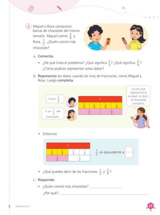 Matemática 4 77
77
3	 Miguel y Rosa compraron
barras de chocolate del mismo
tamaño. Miguel comió 2
4
y
Rosa, 1
2
. ¿Quién comió más
chocolate?
a.	 Comenta.
•	 ¿De qué trata el problema? ¿Qué significa 1
2
? ¿Qué significa 2
4
?
¿Cómo podrías representar estos datos?
b.	Representa los datos usando las tiras de fracciones, como Miguel y
Rosa. Luego completa.
c.	 Responde.
•	 ¿Quién comió más chocolate? __________________.
	 ¿Por qué? _________________________________________________.
•	 Entonces:
1
2
es equivalente a .
1
1
1
4
1
2
1
2
1
4
1
4
1
4
1
3
1
6
1
6
1
6
1
6
1
6
1
6
1
3
1
3
1
2
1
2
Y yo 1
2
del
chocolate.
Comí 2
4
.
La tira roja
representa la
unidad, es decir,
el chocolate
completo.
1
1
3
1
6
1
6
1
6
1
6
1
6
1
6
1
3
1
3
1
2
1
2
1
1
4
1
2
1
2
1
4
1
4
1
4
•	 ¿Qué puedes decir de las fracciones 1
2
y 2
4
?
 