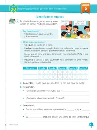 UNIDAD
5
Matemática 4 91
91
Identificamos sucesos
Resolvemos problemas de gestión de datos e incertidumbre
FICHA
FICHA
1
1
1
1
FICHA
30
1 	 En el aula de cuarto grado, niñas y niños
juegan en parejas Adivina, adivinador.
¿Cómo nos organizamos?
•	 Coloquen las tapitas en la bolsa.
•	 Escriban sus nombres en el cuadro. Por turnos, en la ronda 1, cada uno pinta
un círculo del color de tapita que crea que sacará de la bolsa.
•	 Luego, saca sin mirar una tapita de la bolsa y muestra el color. Pinta el otro
círculo de ese color.
•	 Devuelve la tapita a la bolsa y jueguen hasta completar las cinco rondas.
Gana el que tiene más aciertos.
a.	 Comenten. ¿Quién tuvo más aciertos? ¿Y con qué color de tapita?
b.	Respondan.
•	 ¿Qué color salió más veces? ¿Por qué? _________________________
___________________________________________________________.
•	 ¿Qué color salió menos veces? ¿Por qué? _______________________
___________________________________________________________.
c.	 Completen.
• 	 Es más probable extraer una tapita de color _______ porque _______
____________________________________________________________.
• 	 Es _____________ probable extraer una tapita de color verde porque
__________________________________________________________.
Nombre Ronda 1 Ronda 2 Ronda 3 Ronda 4 Ronda 5
¡Me salió
rojo!
Dijiste que
saldría azul.
¿Qué necesitamos?
•	 9 tapitas rojas, 5 azules, 2 verdes
y 1 bolsa oscura.
 