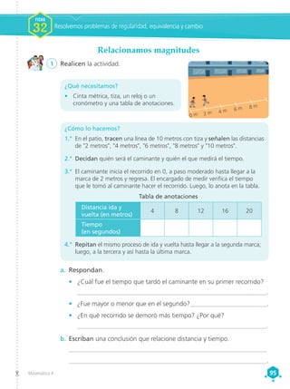 Matemática 4 95
95
Relacionamos magnitudes
1	 Realicen la actividad.
¿Qué necesitamos?
•	 Cinta métrica, tiza, un reloj o un
cronómetro y una tabla de anotaciones.
a. 	Respondan.
•	 ¿Cuál fue el tiempo que tardó el caminante en su primer recorrido?
___________________________________________________________.
•	 ¿Fue mayor o menor que en el segundo?________________________.
•	 ¿En qué recorrido se demoró más tiempo? ¿Por qué?
___________________________________________________________.
b.	Escriban una conclusión que relacione distancia y tiempo.
_____________________________________________________________
_____________________________________________________________.
¿Cómo lo hacemos?
1.°	 En el patio, tracen una línea de 10 metros con tiza y señalen las distancias
de “2 metros”, “4 metros”, “6 metros”, “8 metros” y “10 metros”.
2.°	 Decidan quién será el caminante y quién el que medirá el tiempo.
3.°	 El caminante inicia el recorrido en 0, a paso moderado hasta llegar a la
marca de 2 metros y regresa. El encargado de medir verifica el tiempo
que le tomó al caminante hacer el recorrido. Luego, lo anota en la tabla.
4.°	 Repitan el mismo proceso de ida y vuelta hasta llegar a la segunda marca;
luego, a la tercera y así hasta la última marca.
Tabla de anotaciones
0 m 2 m
6 m 8 m
4 m
Distancia ida y
vuelta (en metros)
4 8 12 16 20
Tiempo
(en segundos)
Resolvemos problemas de regularidad, equivalencia y cambio
FICHA
FICHA
1
1
1
1
FICHA
32
 