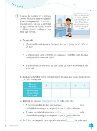 Matemática 4 97
97
3	 A pesar del cuidado en el colegio,
uno de los caños está malogrado,
y ha estado goteando por cinco
días seguidos. Calcula la cantidad
de agua que se ha podido ahorrar
o utilizar en otros quehaceres, en
todo ese tiempo.
a.	 Responde.
•	 ¿Cuántos litros de agua se desperdician por el goteo de un caño en
un día?
__________________________________________________________.
•	 Si el goteo del caño se mantiene constante, ¿cuántos litros de agua
se desperdiciarán en dos días?
__________________________________________________________.
•	 Si el goteo en un día fuera de dos caños, ¿daría el mismo resultado
anterior?
__________________________________________________________.
b.	 Completa la tabla con la cantidad diaria de agua que puede desperdiciar
un caño malogrado.
c.	 Escribe las palabras mayor o menor en cada expresión.
•	 A menor cantidad de días transcurridos, ________________ es la
cantidad de agua que se desperdicia por el goteo del caño.
•	 A mayor cantidad de días transcurridos, ________________ es la
cantidad de agua que se desperdicia por el goteo del caño.
d.	En 5 días, se desperdiciarán aproximadamente litros de agua.
¡Ay! No arreglaron
el caño. ¿Sabías
que el goteo de un
caño desperdicia,
aproximadamente,
30 litros de agua
al día?
Tiempo
(en días)
1 2 3 4 5
Agua que se
desperdicia
(en litros)
 