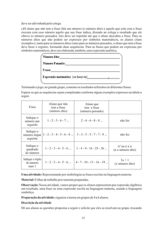 15
Espera-se que as sequências sejam completadas conforme alguns exemplos expressos na tabela a
seguir.
c)O aluno que não tem a frase fala um número (o número dito) e aquele que está com a frase
executa com esse número aquilo que sua frase indica, dizendo ao colega o resultado que ele
obteve (o número pensado). Isto deve ser repetido até que o aluno descubra a frase. Para os
números ditos que não podem ser expressos por símbolos matemáticos, os alunos citam
exemplos e, tanto para os números ditos como para os números pensados, o aluno que tem a frase
deve fazer o registro, formando duas sequências. Para as frases que podem ser expressas por
símbolosmatemáticos,deveser elaborada,também,umaexpressãoanalítica.
Terminadoojogo,nograndegrupo,comenteos resultadosreferentesàs diferentesfrases.
deveser adivinhadapelocolega.
Material:Folhasdetrabalhopreviamentepreparadas.
Observação: Nessa atividade, vamos propor que os alunos representem por expressão algébrica
um resultado, uma frase ou uma expressão escrita na linguagem materna, usando a linguagem
simbólica.
Preparaçãoda atividade:organizeaturmaemgrupos de4a6alunos.
Dê aos alunos as questões propostas a seguir e solicite que eles as resolvam no grupo, trocando
Descriçãoda atividade
Uma atividade:Representandopor simbologiasas frases escritasnalinguagemmaterna
Frase
Aluno que não
tem a frase
(número dito)
Aluno que
tem a frase
(número pensado)
Indique o
número par
seguinte
Indique o
número ímpar
seguinte
Indique o
quadrado
do número
Indique o triplo
do número
mais 1
1 - 2 - 5 - 6 - 7 ...
1 - 2 - 3 - 4 - 5 - 6 - 8 ...
1 - 2 - 3 - 4 - 5 - 6 ...
1 - 2 - 3 - 4 - 5 - 6 ...
2 - 4 - 6 - 8 - 8 ...
3 - 3 - 5 - 5 - 7 - 7 - 9 ...
1 - 4 - 9 - 16 - 25 - 36 ...
4 - 7 - 10 - 13 - 16 - 19 ...
não fez
não fez
3x + 1
(x número dito)
n² ou n x n
(n o número dito)
 