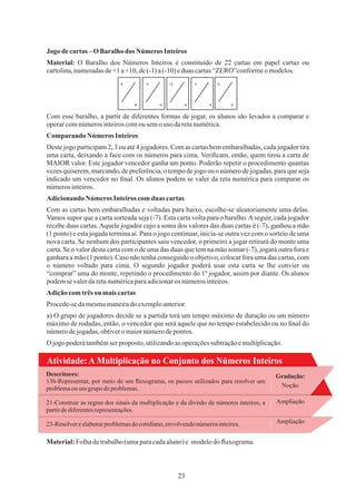 23
Jogo decartas–OBaralhodos Números Inteiros
Com as cartas bem embaralhadas e voltadas para baixo, escolhe-se aleatoriamente uma delas.
Vamos supor que a carta sorteada seja (-7). Esta carta volta para o baralho.Aseguir, cada jogador
recebe duas cartas.Aquele jogador cujo a soma dos valores das duas cartas é (-7), ganhou a mão
(1 ponto) e esta jogada termina aí. Para o jogo continuar, inicia-se outra vez com o sorteio de uma
nova carta. Se nenhum dos participantes saiu vencedor, o primeiro a jogar retirará do monte uma
carta. Se o valor desta carta com o de uma das duas que tem na mão somar (-7), jogará outra fora e
ganhara a mão (1 ponto). Caso não tenha conseguido o objetivo, colocar fora uma das cartas, com
o número voltado para cima. O segundo jogador poderá usar esta carta se lhe convier ou
“comprar” uma do monte, repetindo o procedimento do 1º jogador, assim por diante. Os alunos
podemse valerdaretanuméricaparaadicionaros númerosinteiros.
Procede-sedamesmamaneiradoexemploanterior.
Adiçãocomtrêsou mais cartas
Adicionando Números Inteiros comduas cartas
a) O grupo de jogadores decide se a partida terá um tempo máximo de duração ou um número
máximo de rodadas, então, o vencedor que será aquele que no tempo estabelecido ou no ﬁnal do
númerodejogadas,obtiveromaiornúmerodepontos.
O jogopoderátambémserproposto, utilizandoasoperaçõessubtraçãoemultiplicação.
Material: O Baralho dos Números Inteiros é constituído de 22 cartas em papel cartaz ou
cartolina,numeradasde+1 a+10, de(-1) a(-10) eduas cartas“ZERO”conformeomodelos.
Comparando Números Inteiros
Com esse baralho, a partir de diferentes formas de jogar, os alunos são levados a comparar e
operarcomnúmerosinteiroscomousemo uso daretanumérica.
Deste jogo participam 2, 3 ou até 4 jogadores. Com as cartas bem embaralhadas, cada jogador tira
uma carta, deixando a face com os números para cima. Veriﬁcam, então, quem tirou a carta de
MAIOR valor. Este jogador vencedor ganha um ponto. Poderão repetir o procedimento quantas
vezes quiserem, marcando, de preferência, o tempo de jogo ou o número de jogadas, para que seja
indicado um vencedor no ﬁnal. Os alunos podem se valer da reta numérica para comparar os
númerosinteiros.
Atividade: A Multiplicação no Conjunto dos Números Inteiros
Gradação:
Ampliação
Noção
Ampliação
13b-Representar, por meio de um ﬂuxograma, os passos utilizados para resolver um
problemaouumgrupo deproblemas.
23-Resolvereelaborarproblemasdo cotidiano,envolvendonúmerosinteiros.
21-Construir as regras dos sinais da multiplicação e da divisão de números inteiros, a
partirdediferentesrepresentações.
Descritores:
Material:Folhadetrabalho(umaparacadaaluno)e modelodoﬂuxograma.
 