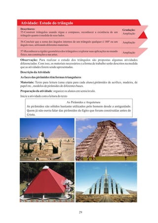 29
Atividade: Estudo do triângulo
Gradação:
Ampliação
Ampliação
55-Construir triângulos usando régua e compasso, reconhecer a existência de um
triânguloquantoàmedidadeseus lados.
56-Concluir que a soma dos ângulos internos de um triângulo qualquer é 180º ou um
ânguloraso,utilizandodiferentesmateriais.
Descritores:
57-Reconhecer a rigidez geométrica dos triângulos e explorar suas aplicações no mundo
físico,nas construçõesenas artes.
Ampliação
DescriçãodaAtividade
Materiais: Texto para leitura (uma cópia para cada aluno),pirâmides de acrílico, madeira, de
papeletc.,modelosdepirâmidesdediferentesbases.
Inicieaatividadecomaleituradotexto
Observação: Para realizar o estudo dos triângulos são propostas algumas atividades
diferenciadas. Com isso, os materiais necessários e a forma de trabalho serão descritos na medida
queas atividadesforemsendo apresentadas.
As facesdas pirâmidestêmformas triangulares
Preparaçãoda atividade:organizeos alunosemsemicírculo.
As Pirâmides e Arquitetura
As pirâmides são sólidos bastante utilizados pelo homem desde a antiguidade.
Quem já não ouviu falar das pirâmides do Egito que foram construıd
́ as antes de
Cristo.
 